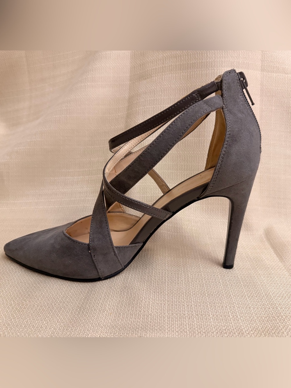 Nine West Gray Suede Pointed-Toe Crisscross Heels - Picture 2 of 7